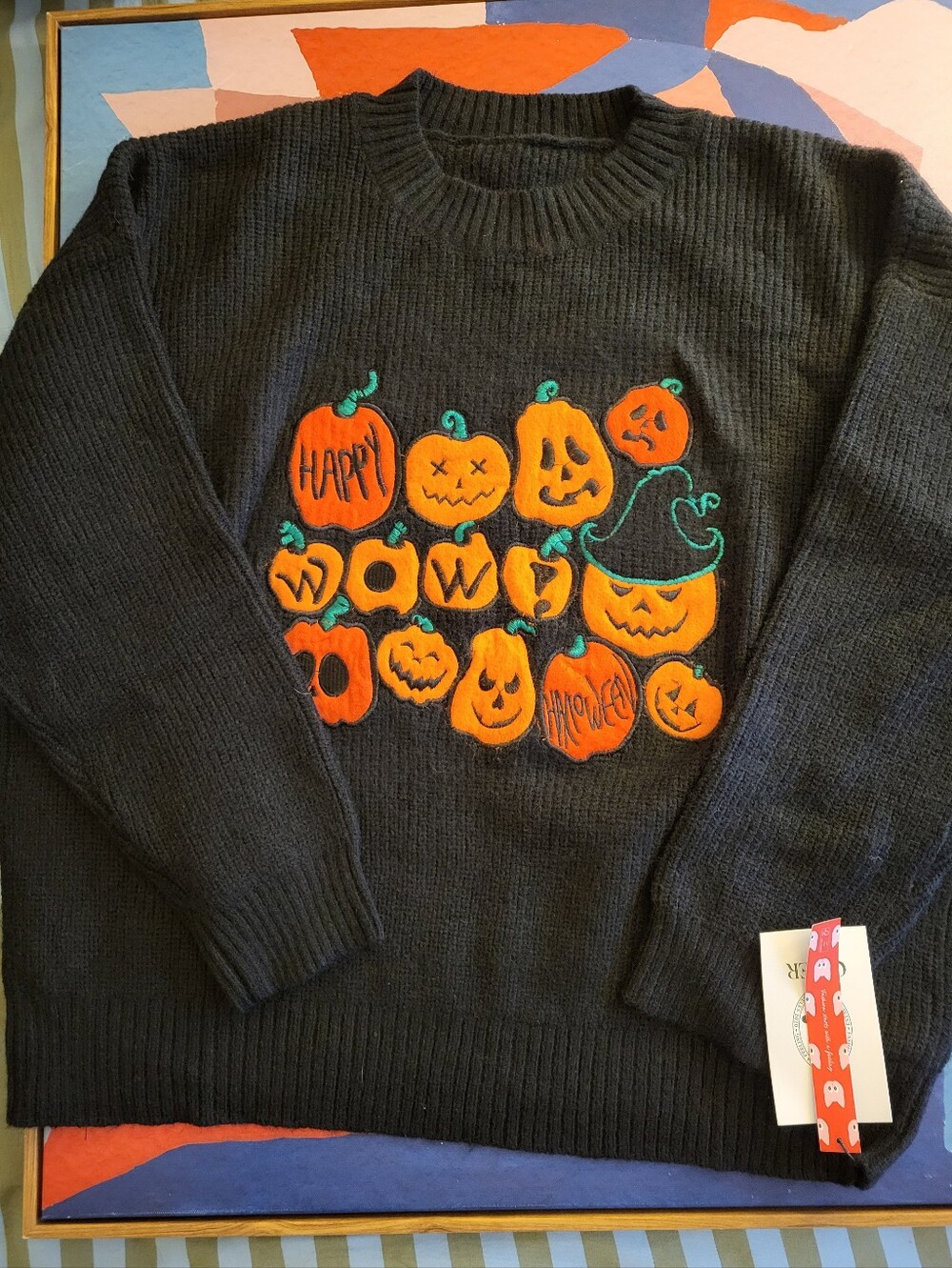 Cider Black Crewneck Sweater with Orange Pumpkin Embroidery
